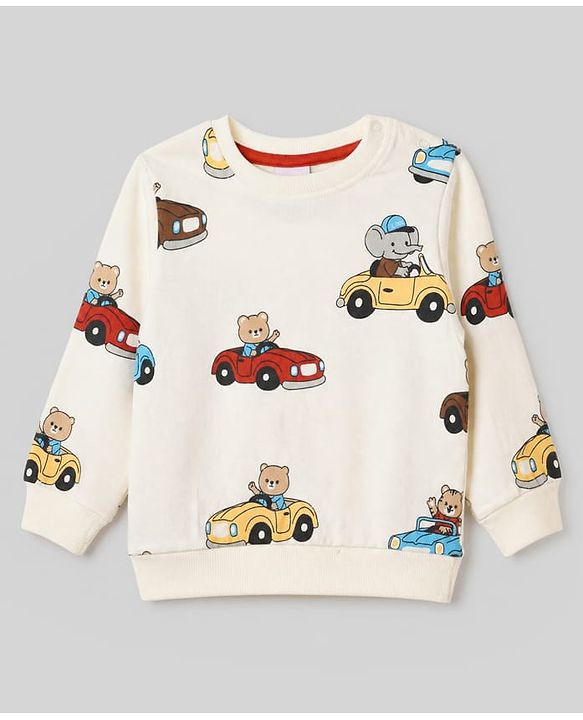 Babyhug 100% Cotton Terry Knit Full Sleeves Sweatshirts with Vehicle and Animal Print Pack of 2 - Beige & Red