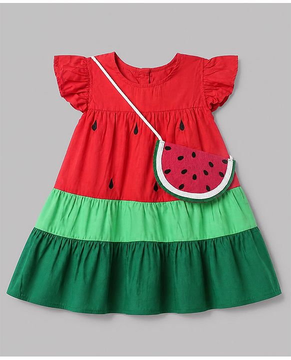 Babyhug 100% Cotton Woven Flared Frock with Half Sleeves and Watermelon Print - Red