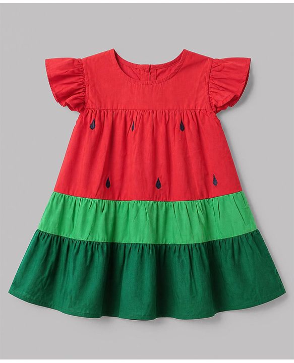 Babyhug 100% Cotton Woven Flared Frock with Half Sleeves and Watermelon Print - Red