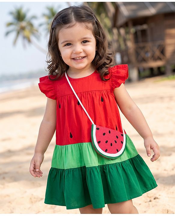 Babyhug 100% Cotton Woven Flared Frock with Half Sleeves and Watermelon Print - Red
