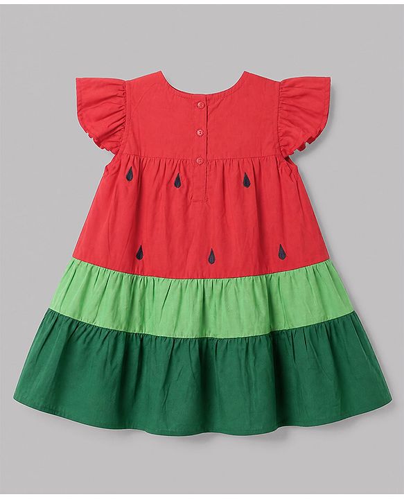 Babyhug 100% Cotton Woven Flared Frock with Half Sleeves and Watermelon Print - Red