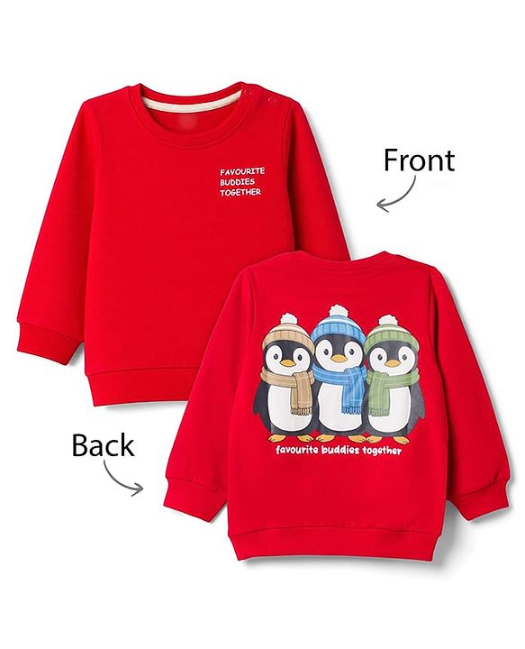Babyhug 100% Cotton Terry Knit Heavy Gauge Sweatshirt With Full Sleeves and Penguin Print - Red
