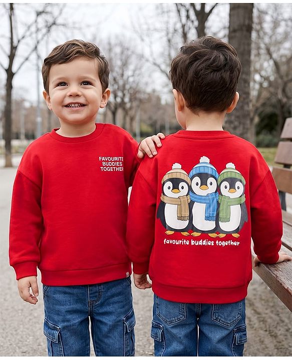 Babyhug 100% Cotton Terry Knit Heavy Gauge Sweatshirt With Full Sleeves and Penguin Print - Red