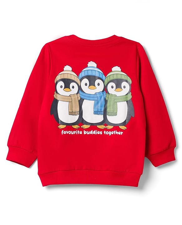 Babyhug 100% Cotton Terry Knit Heavy Gauge Sweatshirt With Full Sleeves and Penguin Print - Red