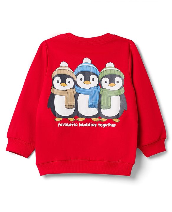 Babyhug 100% Cotton Terry Knit Heavy Gauge Sweatshirt With Full Sleeves and Penguin Print - Red