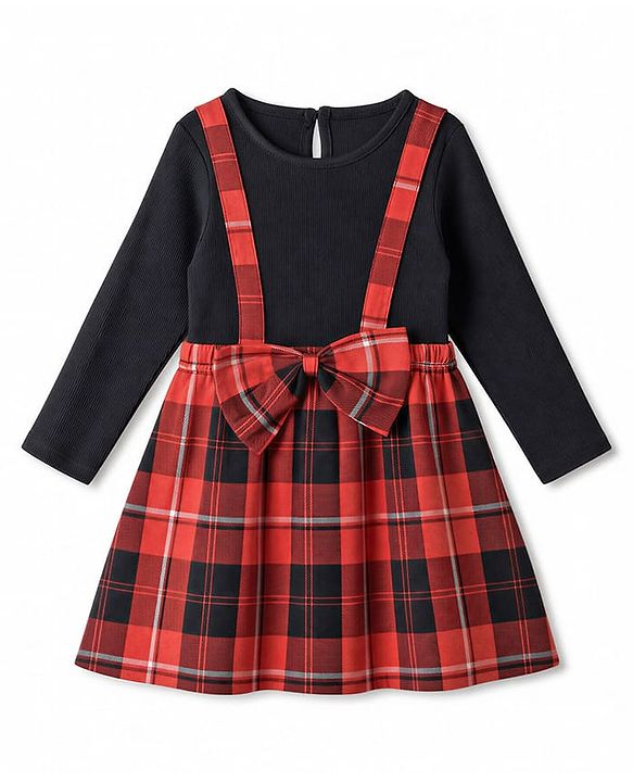 Babyhug Cotton Woven Dress with Full Sleeves and Checked Print -Red