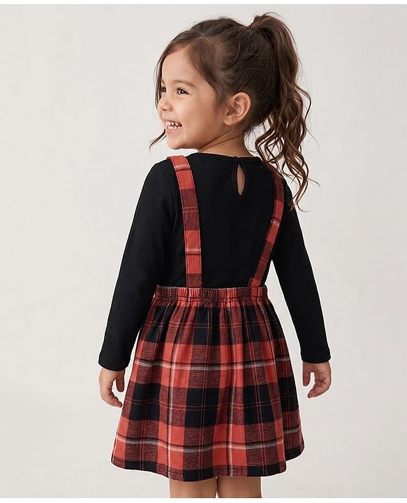 Babyhug Cotton Woven Dress with Full Sleeves and Checked Print -Red