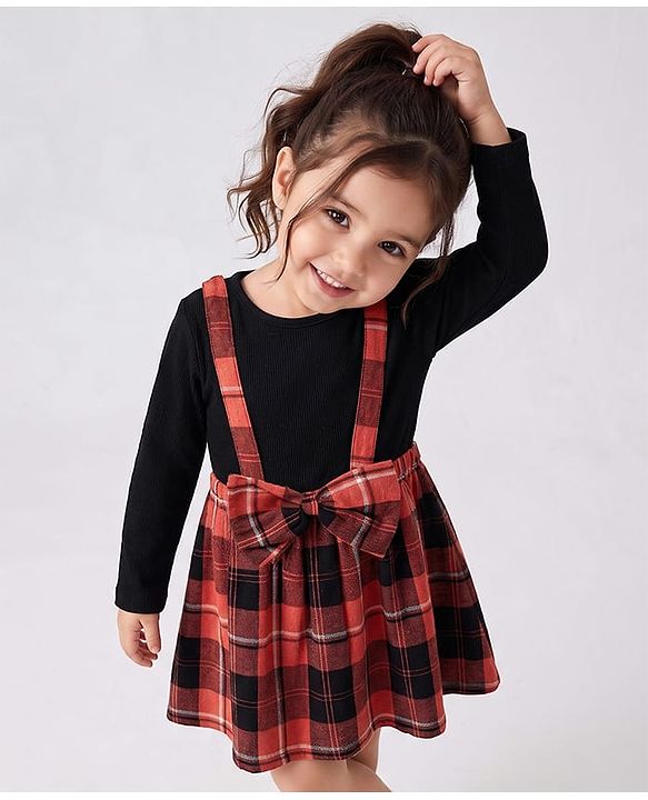 Babyhug Cotton Woven Dress with Full Sleeves and Checked Print -Red