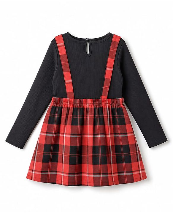 Babyhug Cotton Woven Dress with Full Sleeves and Checked Print -Red
