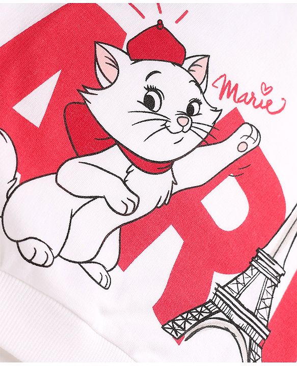 Babyhug Disney 100% Cotton Terry Knit Full Sleeves Drop Shoulder Sweatshirt With Marie Print - White
