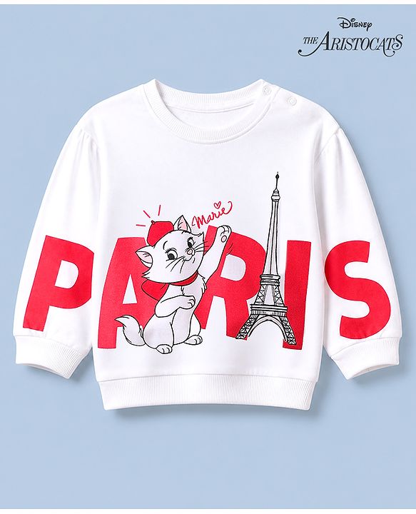 Babyhug Disney 100% Cotton Terry Knit Full Sleeves Drop Shoulder Sweatshirt With Marie Print - White