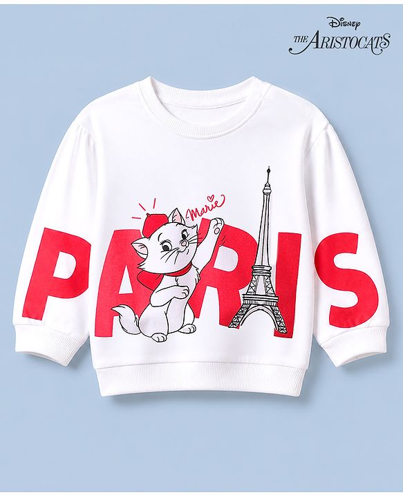 Babyhug Disney 100% Cotton Terry Knit Full Sleeves Drop Shoulder Sweatshirt With Marie Print - White