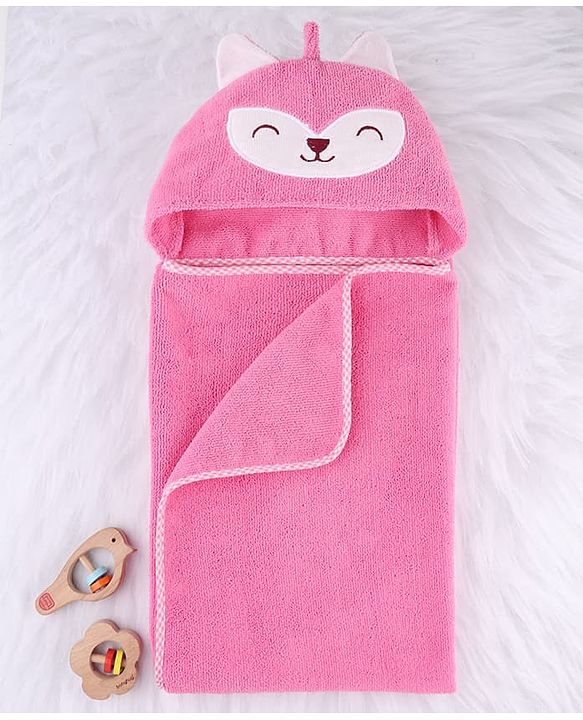 Babyhug Microfiber Cotton Knit Towel With Hood & Embroidery L 74 x B 73 cm - Pink