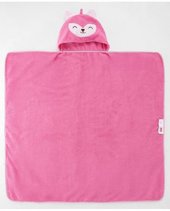 Babyhug Microfiber Cotton Knit Towel With Hood & Embroidery L 74 x B 73 cm - Pink