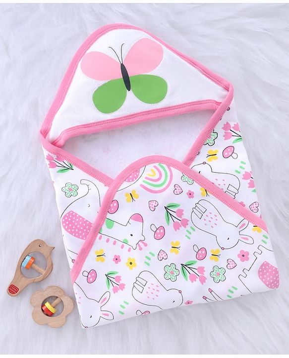 Babyhug 100% Cotton Microfiber Knit Hooded Towel With Butterfly Embroidery L 78 x B 76 cm - Pink