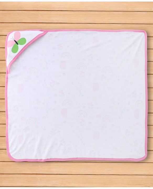 Babyhug 100% Cotton Microfiber Knit Hooded Towel With Butterfly Embroidery L 78 x B 76 cm - Pink