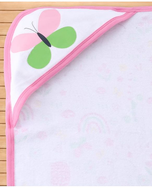 Babyhug 100% Cotton Microfiber Knit Hooded Towel With Butterfly Embroidery L 78 x B 76 cm - Pink