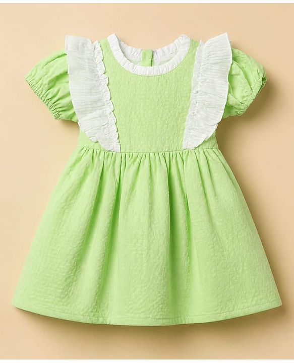Babyhug Seer-sucker Woven Frock With Half Puffed Sleeves and Frill in Green
