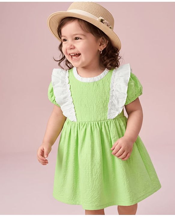 Babyhug Seer-sucker Woven Frock With Half Puffed Sleeves and Frill in Green