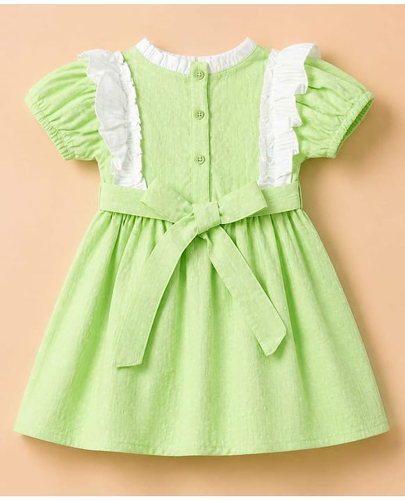 Babyhug Seer-sucker Woven Frock With Half Puffed Sleeves and Frill in Green