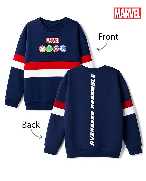 Pine Kids Marvel 100% Cotton Terry Knit Sweatshirt with Full Sleeves, Drop Shoulder Sleeves and Avengers Print in Navy Blue for 4-5 Years
