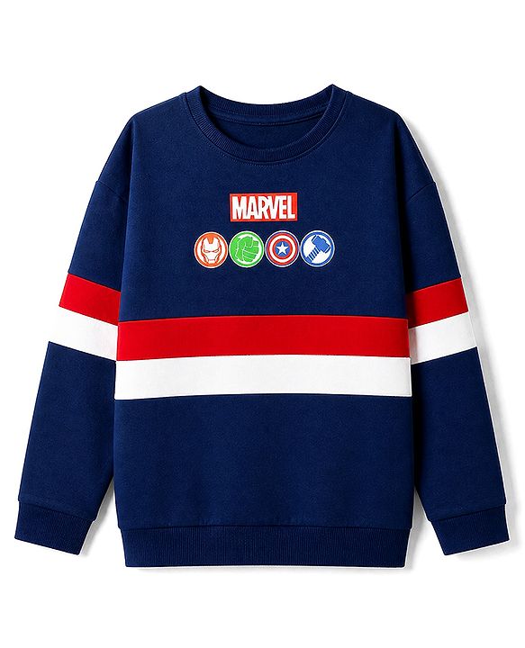 Pine Kids Marvel 100% Cotton Terry Knit Sweatshirt with Full Sleeves, Drop Shoulder Sleeves and Avengers Print in Navy Blue for 4-5 Years