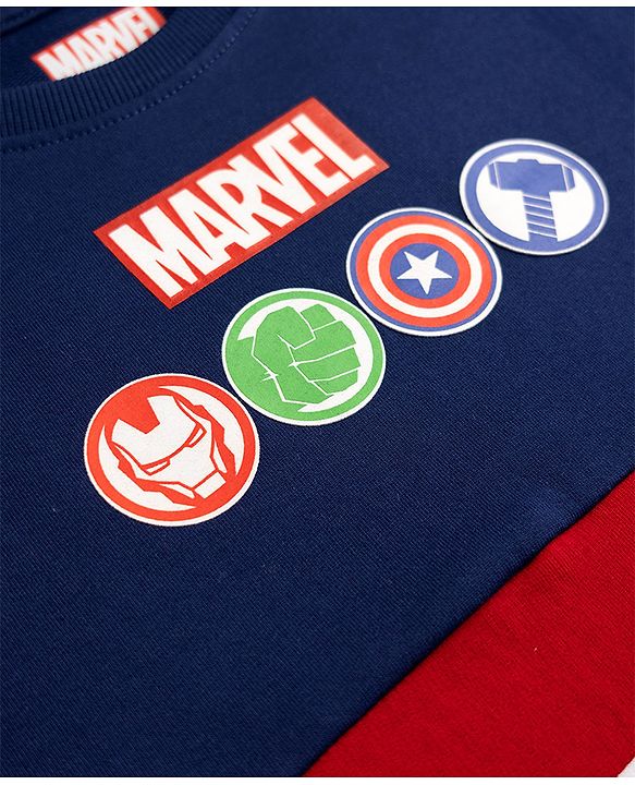 Pine Kids Marvel 100% Cotton Terry Knit Sweatshirt with Full Sleeves, Drop Shoulder Sleeves and Avengers Print in Navy Blue for 4-5 Years