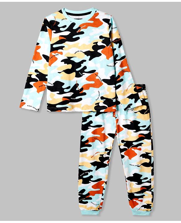 Pine Kids Cotton Knit Full Sleeves Co-Ords T-Shirt & Pyjama Night Suit with Abstract Print - White