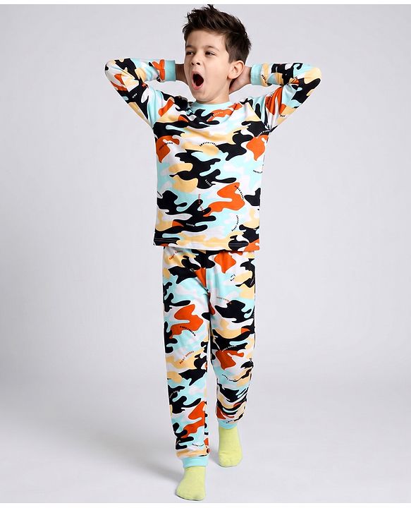 Pine Kids Cotton Knit Full Sleeves Co-Ords T-Shirt & Pyjama Night Suit with Abstract Print - White