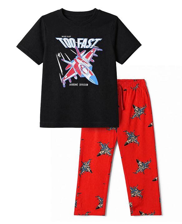 Pine Kids Cotton Knit Half Sleeves T-Shirt & Pyjama Night Suit with Aircraft Print - Black