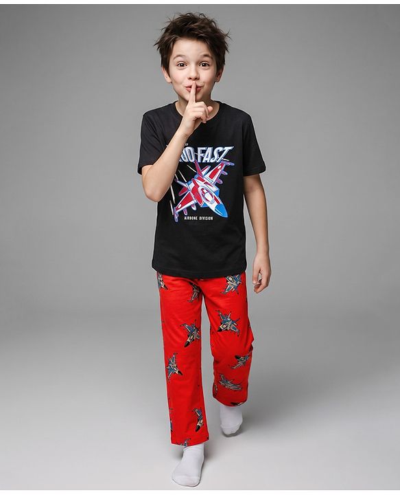 Pine Kids Cotton Knit Half Sleeves T-Shirt & Pyjama Night Suit with Aircraft Print - Black