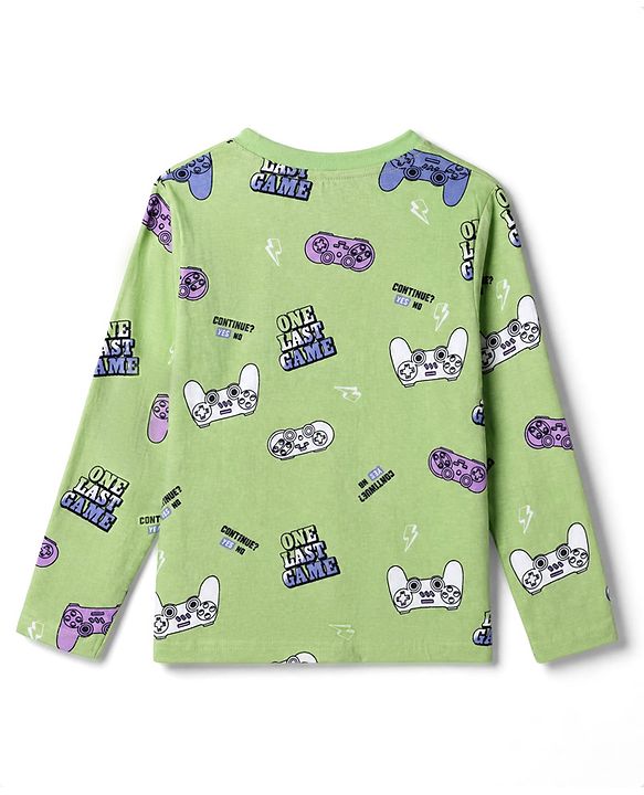Pine Kids Cotton Knit Full Sleeves Co-Ords T-Shirt & Pyjama Night Suit with Gaming Print - Light Green