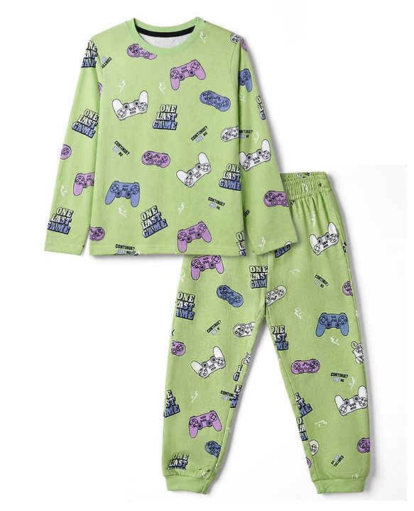 Pine Kids Cotton Knit Full Sleeves Co-Ords T-Shirt & Pyjama Night Suit with Gaming Print - Light Green