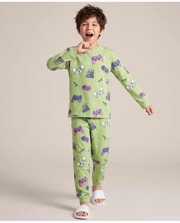 Pine Kids Cotton Knit Full Sleeves Co-Ords T-Shirt & Pyjama Night Suit with Gaming Print - Light Green