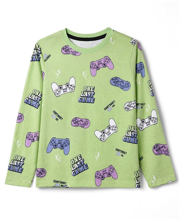 Pine Kids Cotton Knit Full Sleeves Co-Ords T-Shirt & Pyjama Night Suit with Gaming Print - Light Green