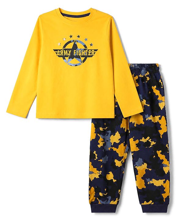 Pine Kids Cotton Knit Full Sleeves T-Shirt & Pyjama Night Suit with Army Fighter Print - Yellow