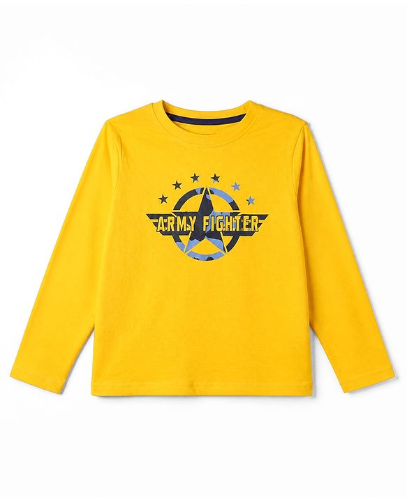 Pine Kids Cotton Knit Full Sleeves T-Shirt & Pyjama Night Suit with Army Fighter Print - Yellow