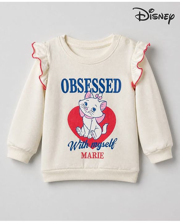 Babyhug Disney 100% Cotton Terry Knit Sweatshirt with Full Sleeves and Frill Detailing with Marie Print - Off White