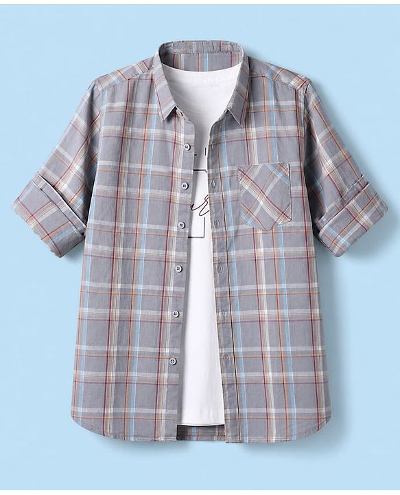 Pine Kids Cotton Woven Full Sleeves Checked Shirt With Text Printed Tank T-Shirt - Grey
