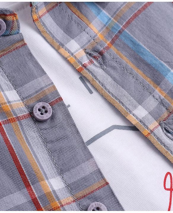 Pine Kids Cotton Woven Full Sleeves Checked Shirt With Text Printed Tank T-Shirt - Grey