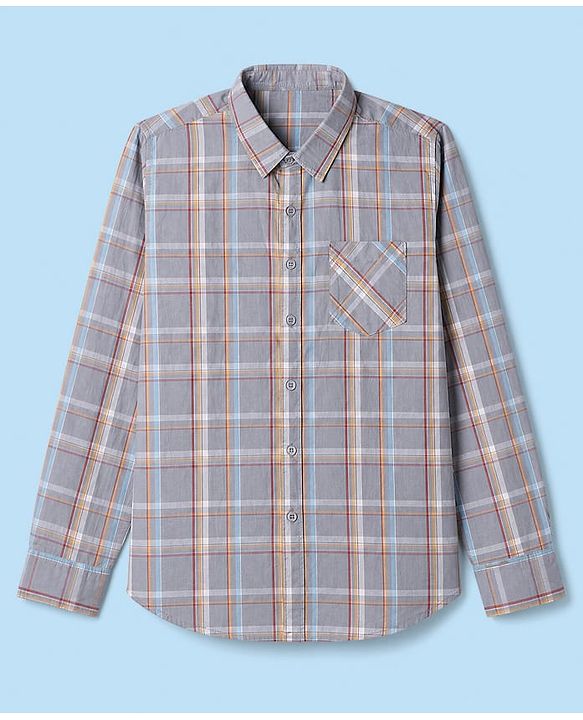 Pine Kids Cotton Woven Full Sleeves Checked Shirt With Text Printed Tank T-Shirt - Grey