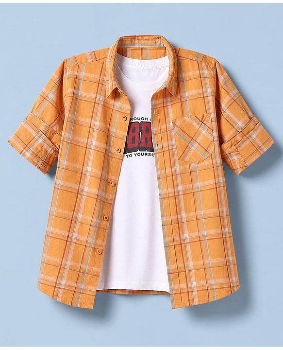 Pine Kids Cotton Woven Checks Twofer Shirt with Full Sleeves - Yellow