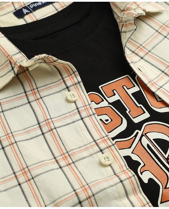 Pine Kids Cotton Woven Checks Shirt and T-Shirt with Full Sleeves and Boston Print - Cream