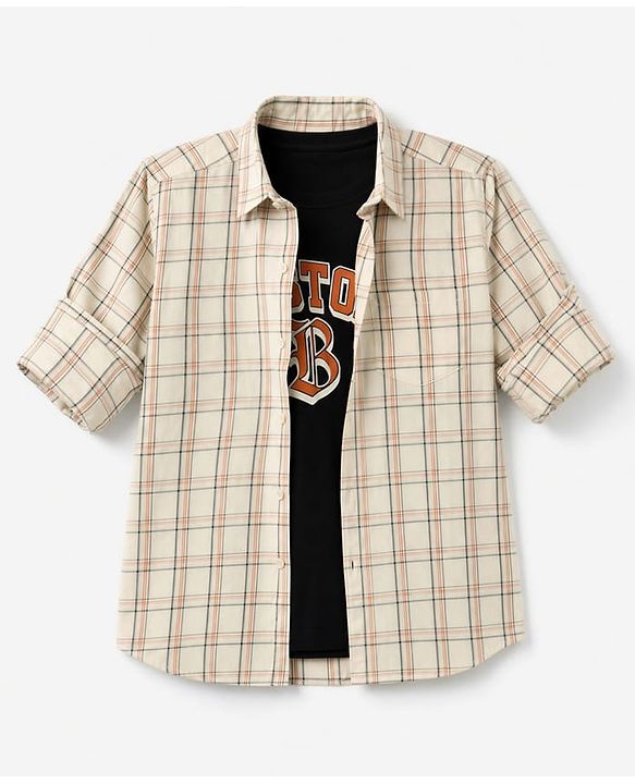 Pine Kids Cotton Woven Checks Shirt and T-Shirt with Full Sleeves and Boston Print - Cream