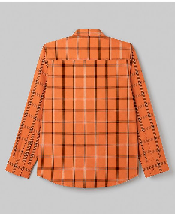 Pine Kids Cotton Woven Checks Twofer Shirt with Text Print - Rust Orange