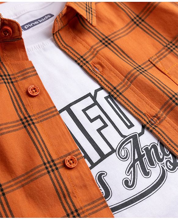 Pine Kids Cotton Woven Checks Twofer Shirt with Text Print - Rust Orange