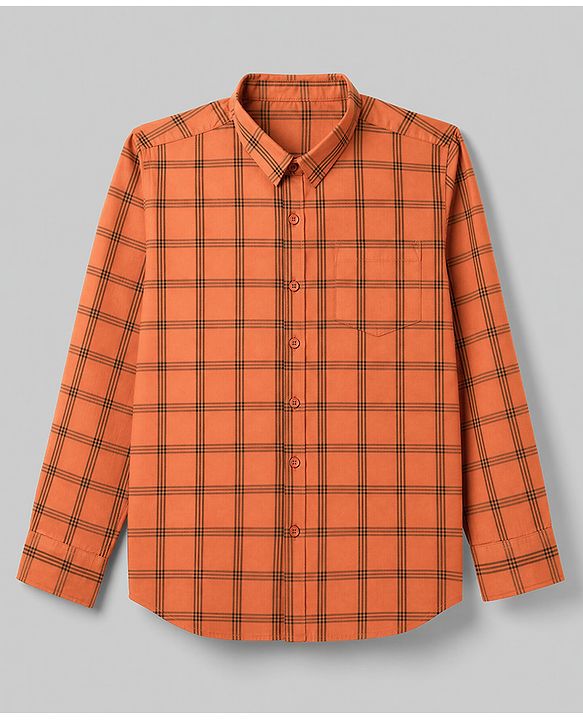 Pine Kids Cotton Woven Checks Twofer Shirt with Text Print - Rust Orange