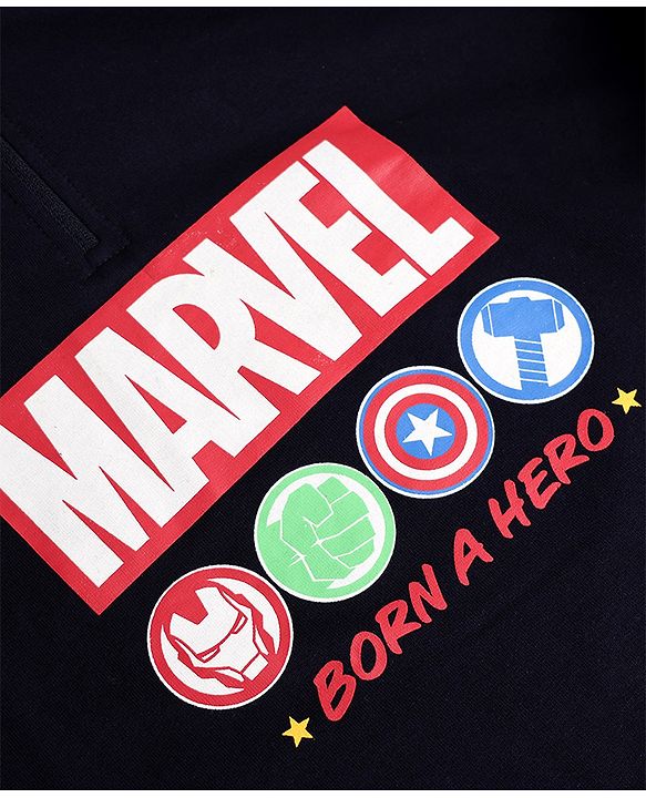 Pine Kids Marvel 100% Cotton Knit Hooded Sweatshirt with Full Sleeves and Marvel Print in Navy Blue