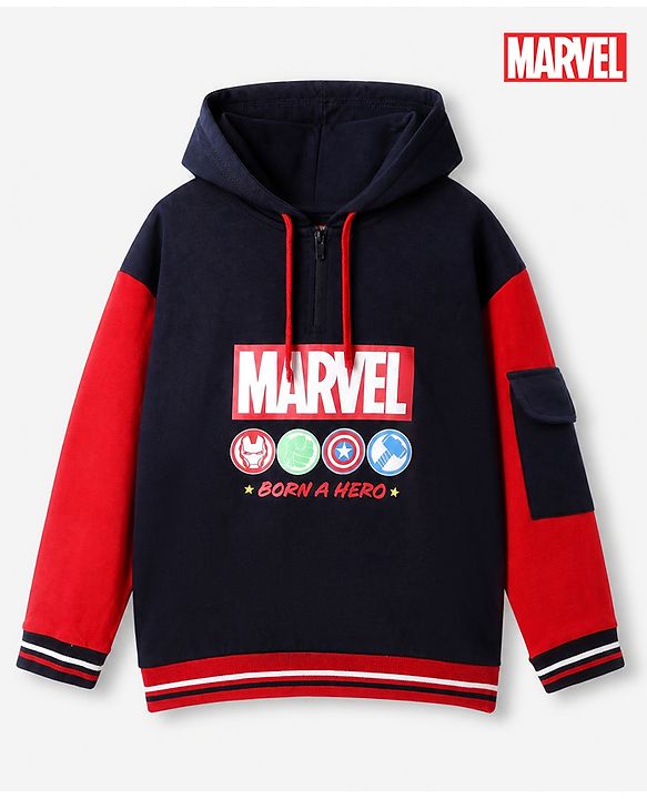 Pine Kids Marvel 100% Cotton Knit Hooded Sweatshirt with Full Sleeves and Marvel Print in Navy Blue