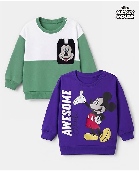 Babyhug Disney 100% Cotton Knit Full Sleeves Drop Shoulder Sweatshirts with Mickey Mouse Print in Blue & Green Pack of 2